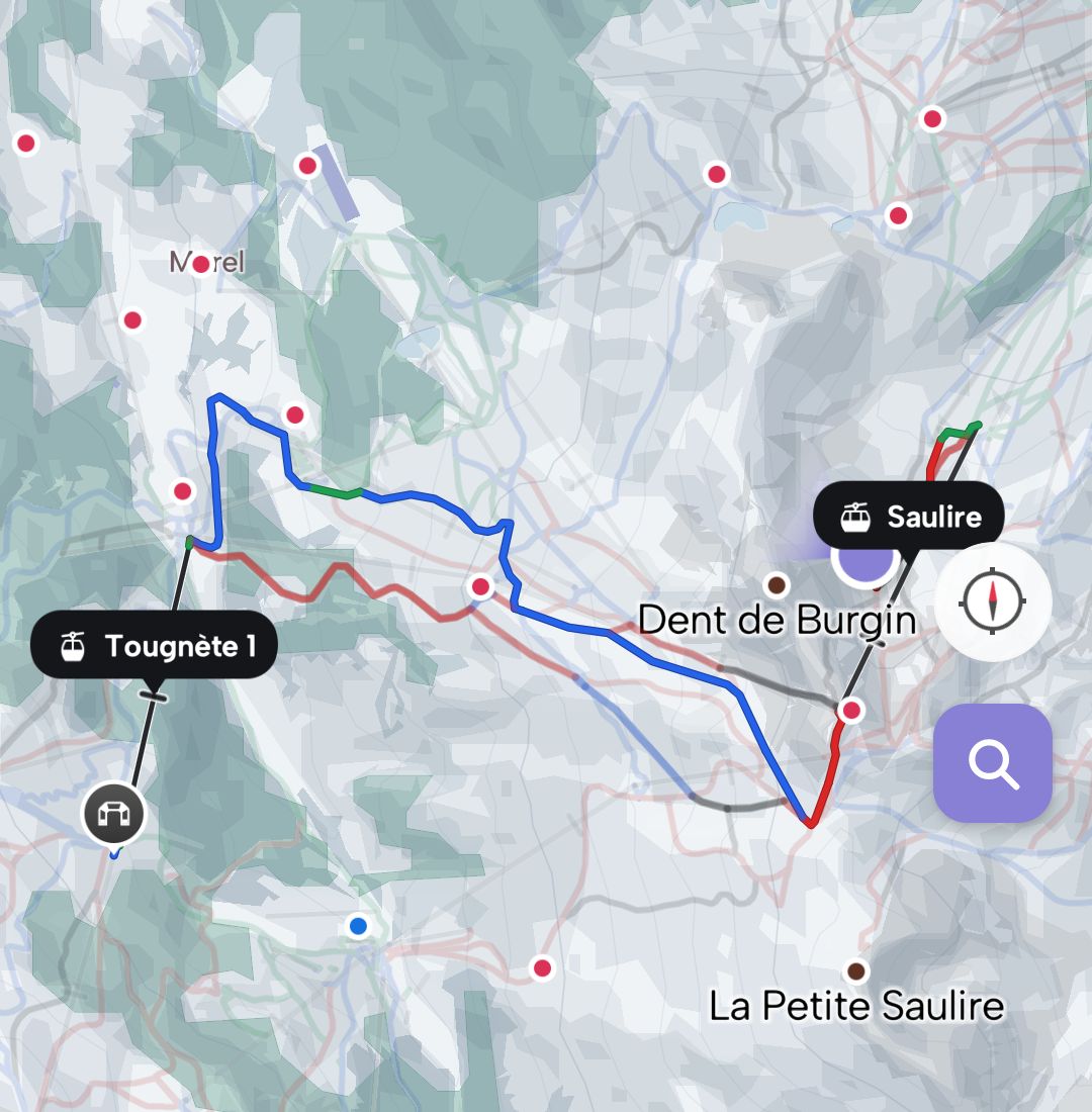 A route drawn across the piste map, with the lifts it uses labelled