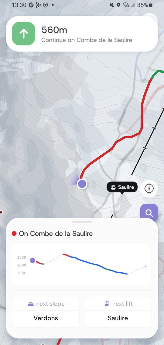 Navigating: 560 m, continue on Combe de la Saulire, the route ahead and the next lift