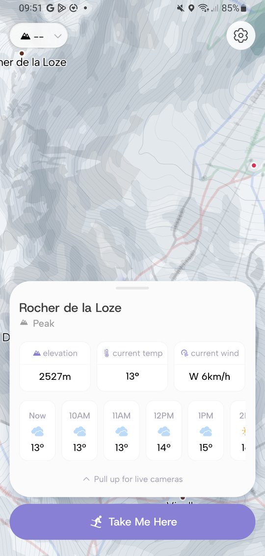 A peak card: elevation, current temperature and wind, and the hourly forecast