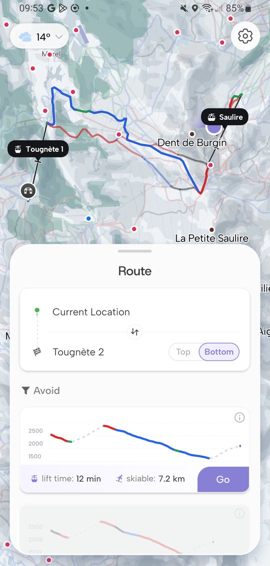 The Route sheet: three candidate routes, each with an elevation profile, lift time and skiable distance